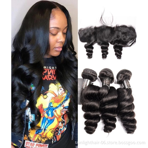 Peruvian Loose Wave Bundles With Frontal Human Hair Bundles With Closure Sunlight Remy Human Hair With Ear to Ear Lace Closure